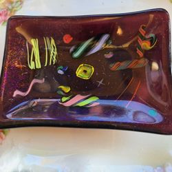 IRIDESCENT FUSED ART GLASS Rectangle ABSTRACT PLATE, DISH KURT MCVAY boho MCM purple metallic trinke