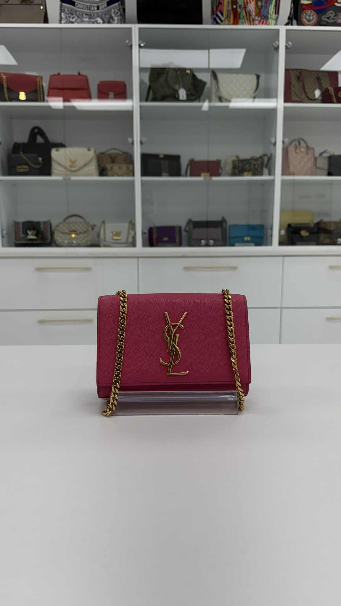 YSL Saint Laurent Small Kate Crossbody Bag In Pink With Gold Chain Strap