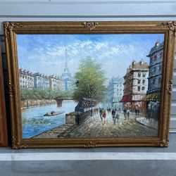 Large Paris Oil Painting With Wood Frame 