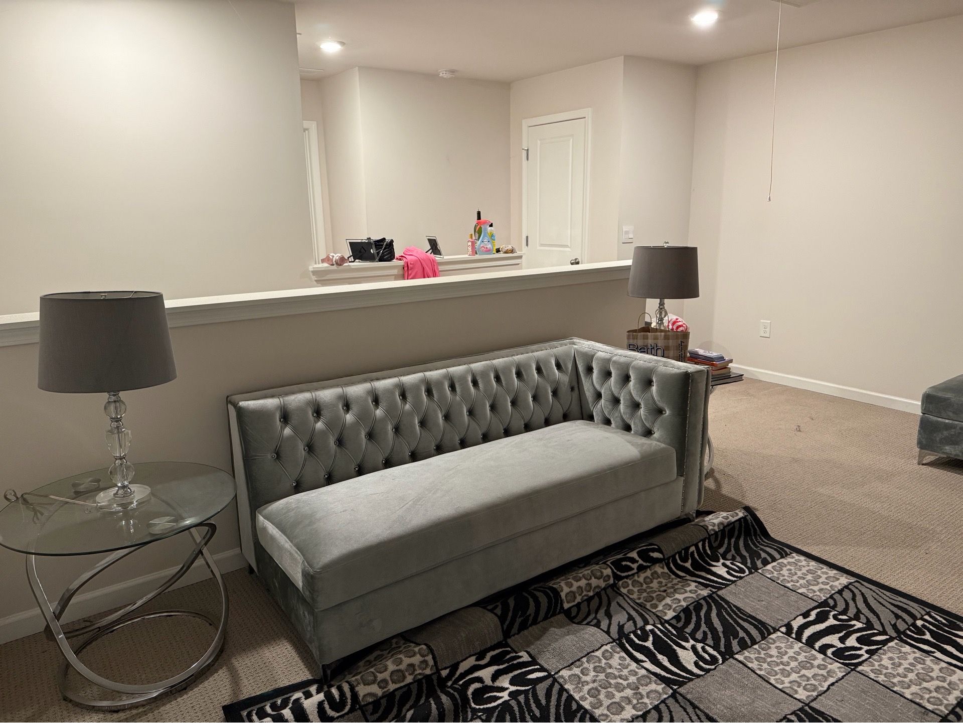 Modern Gray Velvet Sectional Set + Rug + Lamp + Tables Included