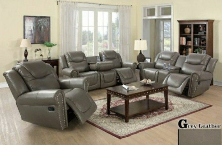 Brand New Grey Leather 3pc Reclining Set With Storage Compartments Built In Cup Holders & A Drop Down Table