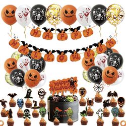 Halloween Party Decorations for Kids, Halloween Balloons Pumpkin Face Set with Halloween banner, Latex Balloon, Cake Topper and Orange Ribbon for Hall