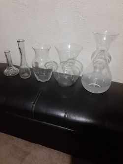 (LOT OF 5) GLASS FLOWER VASES, ASKING $25