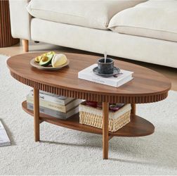 Turtle&Myrtle Oval Coffee Table, Mid-Century Modern Fluted Coffee Tables with 2-Tier Storage Shelf, 39.4" Wood Small Center Table for Living Room, Off