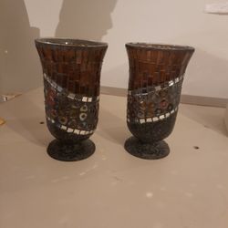 A Pair Of 10" Glass Mosaic Candle Holders/ Vases