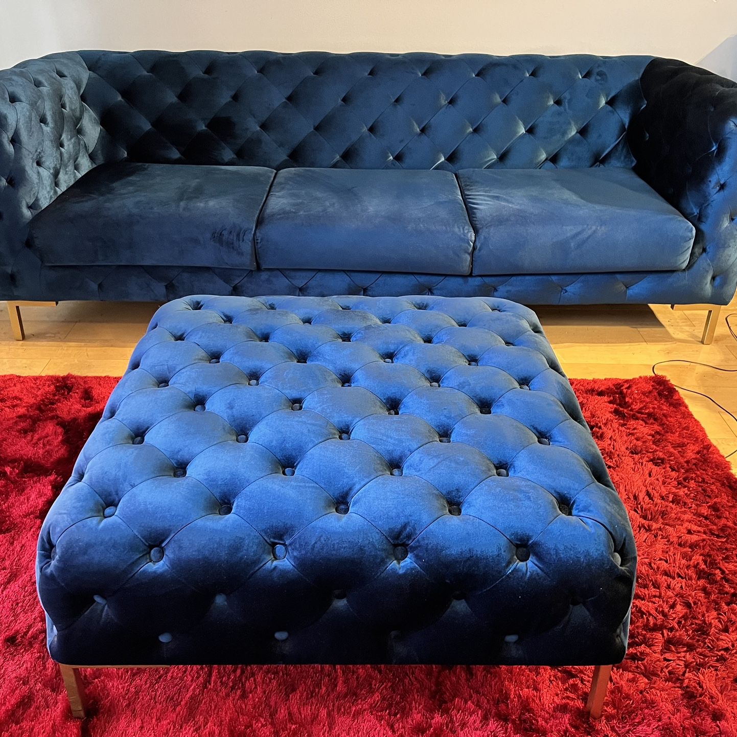 Blue Velvet Sofa and Ottoman 