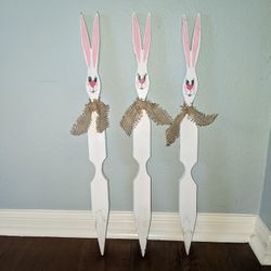 Yard Bunny Stakes! Set Of 3. Easter Decorations,  Wood With New Jute Ties. Priced As Set..
