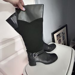 Woman’s Knee High Black Leather Suede Buckled Boots