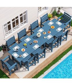 SERWALL Patio Dining Sets for 10 Person, HDPE Dining Set with 2 Tables, 8 Armless Chairs and 2 Armed Dining Chairs, Blue brand new in box $999 D128