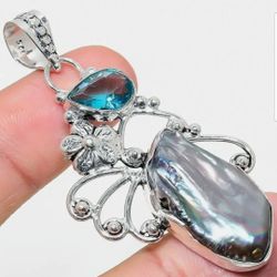Genuine Blister Pearl, Blue Topaz Gemstone Handmade Jewelry Pendant 2.40" 