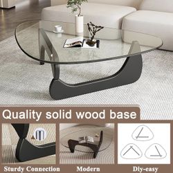 Mid-Century Modern Glass Top Coffee Table with Solid Oak Legs