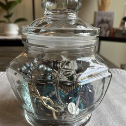 Vintage Glass Jar With Jewelry Lot! Necklace Earrings And Bracelets