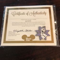 New Disney’s Olaf DMC Limited Edition Trading Pin and certificate