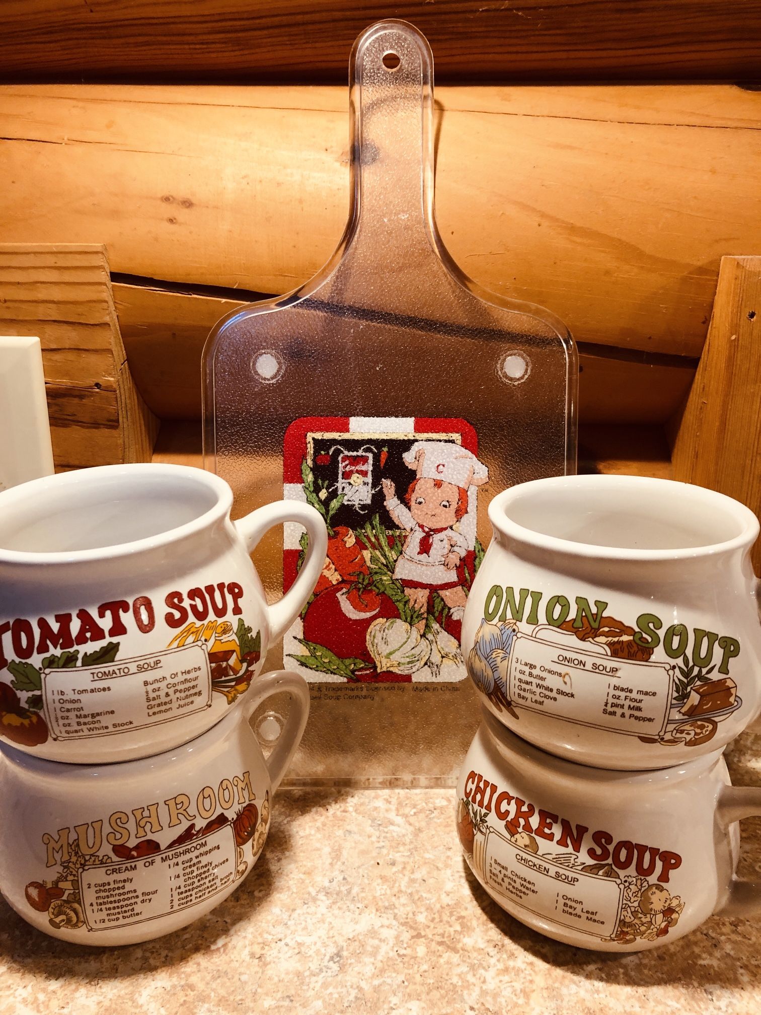 4 Vintage Recipe Soup Mugs & 1994 Campbells Cutting Board