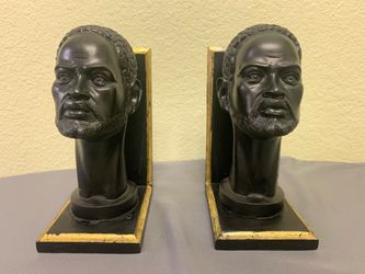 Vintage African American Man Bust Bookends Pair Heavy Polyresin Gold Trim 6"