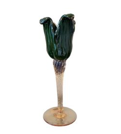 Italian Hand Blown Murano Art Glass Green Tulip Candle Holder Amber Stem New