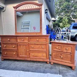 Solid Wood Dresser With Mirror & Matching Nightstand