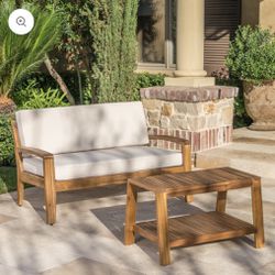 Christian Outdoor Acacia Wood Loveseat and Coffee Table Set with Cushions - BRAND NEW IN BOX