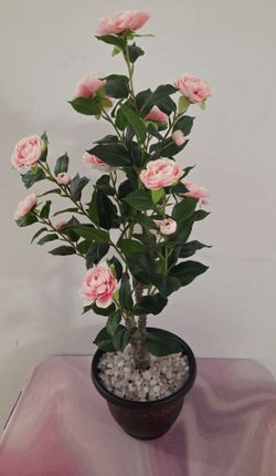 3ft Faux Pink Camellia Tree Topped with Opalite / Clear Stones in a 10" Resin Planter @ Lasting Creations