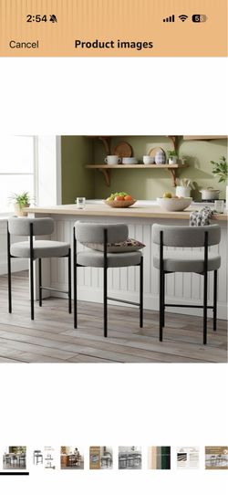 Counter Height Bar Stools, 24'' Grey Bar Stools Set of 3, Boucle Barstools with Back, Mid-Century Modern Bar Chairs for Kitchen Island, Dining Roo