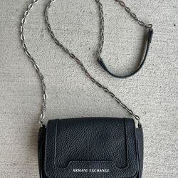 Armani Exchange Black Pebbled Leather Mini Crossbody Bag – A|X – Chain Strap – 70 cm Drop
