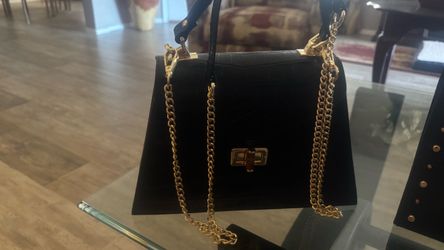 Black Structured Handbag with Gold Chain