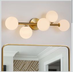 Alitiqi Gold Bathroom Vanity Light: Modern Bath 5 Lights Brushed Golden Brass Wall Sconce Lighting - Vanity Light with Milk Globe Bubble Glass Shade -