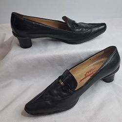 Salvatore Ferragamo Sport Block Heel Shoes Women 9.5B Leather Black Italy Vintage
