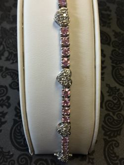Silver 925, Bracelet with Heart shapes and Pink & White Gemstones, 8"