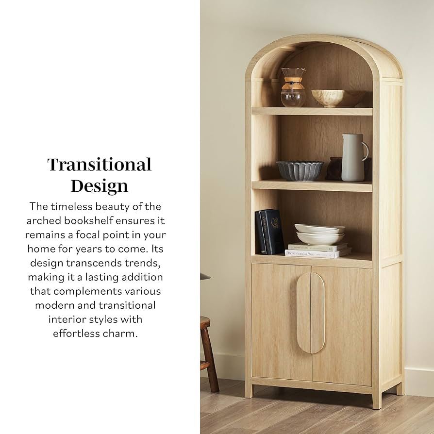 Chantelle Modern Arched Bookcase with Statement Wood Cabinet Pulls - Coastal Oak Material Wood Mounting Type Floor Mount Room Type Library