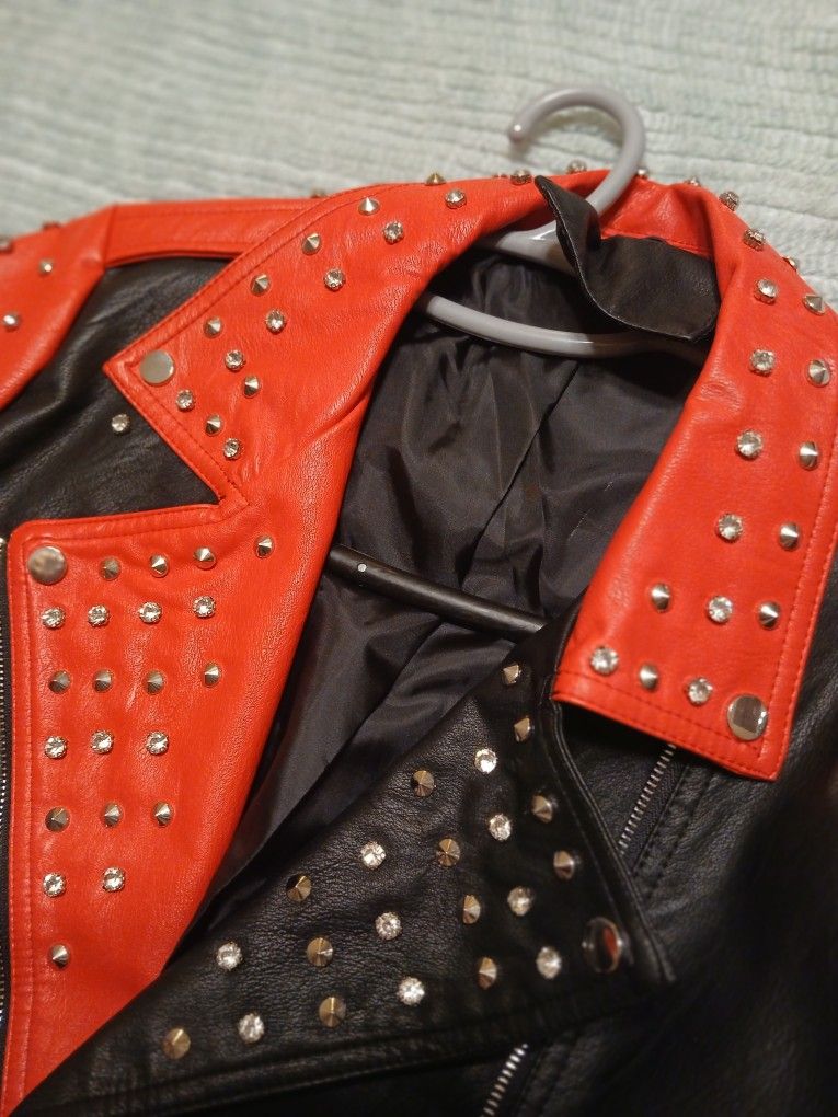 Red & Black Faux Leather Studded & Diamond Jacket