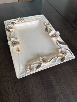 Elegant Floral Serving Tray – Gold & Crystal Design