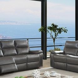 Brand New Grey Top Grain Leather Power Reclining Sofa & Loveseat 