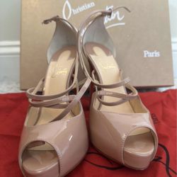 Christian Louboutin Holly Alta 120 Nude Patent Cross Strap Sandal Heel Pump (sz 36) size 5.5