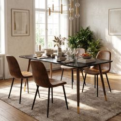 Homy Casa Rosa 5PC Dining Set 55" Marble Black Table with 4 Charlton Suede Brwon Chairs Mid Century Style