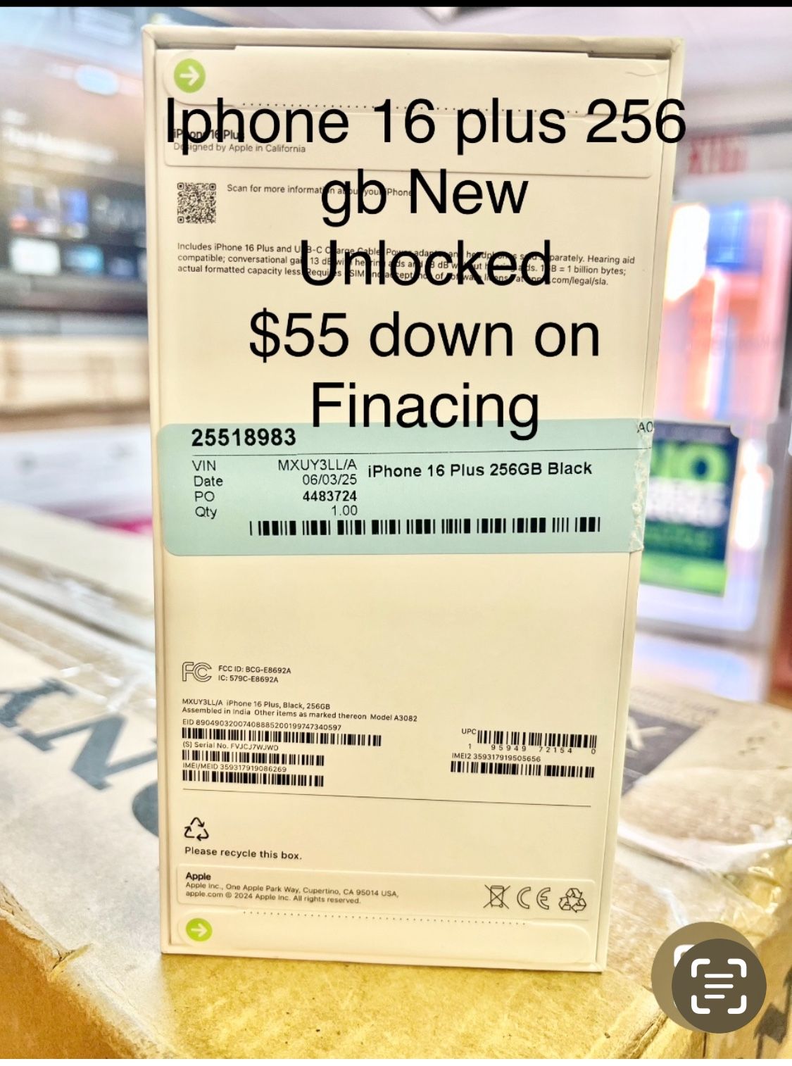 iPhone 16 Plus 256 Gb New In Box Unlocked $55 Down On financing free delivery