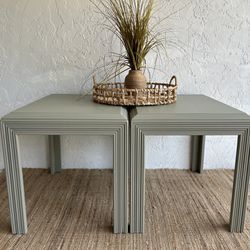 Refinished Pair Of Solid Wood Sage Khaki End Tables 
