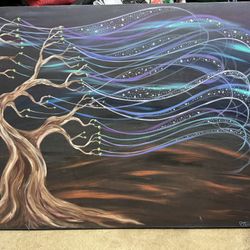 Mother Natures Whimsical Starry Night Tree Hand Painting On Canvas XXL Large  Mounted