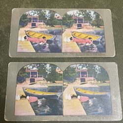 1898 STEREOVIEW CARD HELP OR THE HOUSEMAIDS HARD LUCK WOMAN BOAT #82 & 83