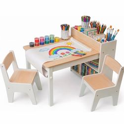 Art Table for Kids - 3 in 1 Kids Table and Chairs Set (2 Chairs Included), Wooden Craft Table for Kids with Bookshelf and Paper Roller, Arts & Crafts