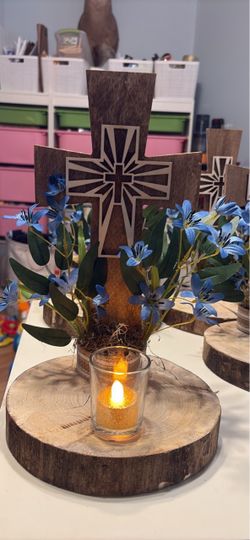 Wooden Cross Centerpiece with Candle and Flowers