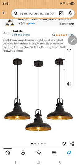 Black Farmhouse Pendant Light,Blacks Pendant Lighting for Kitchen Island,Matte Black Hanging Lighting Fixture Over Sink for Dinning Room Bedroom Hallw