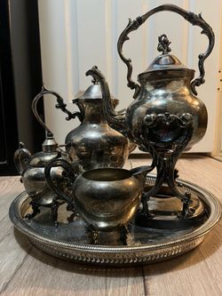 Vintage Silver-Plated 5-Piece Tea & Coffee Service Set with Tilting Kettle, Stand, & Serving Tray