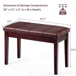 Solid Wood PU Leather Piano Bench Padded Double Duet Keyboard Seat Storage Brown hw60296cf