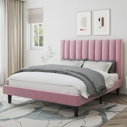 Full Size Platform Bed Frame with Upholstered Velvet Channel Headboard, Pink
