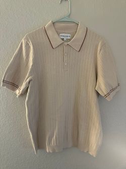 Thomas Sterling Cable Knit Polo Cream Burgundy Trim Large