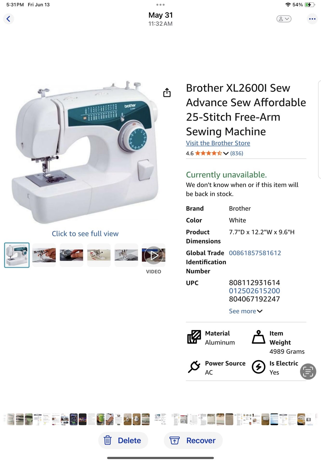 Brother XL2600I Sewing Machine With Case
