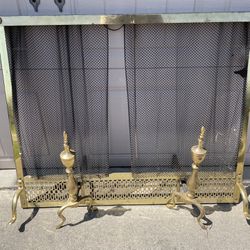 Mid Century Brass Fireplace Screen And Andirons. 
