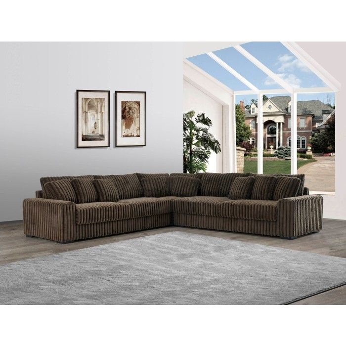 Brand New Jumbo Corduroy DARK BROWN Fabric Stationary Sectional Sofa w/ 9 Pillows