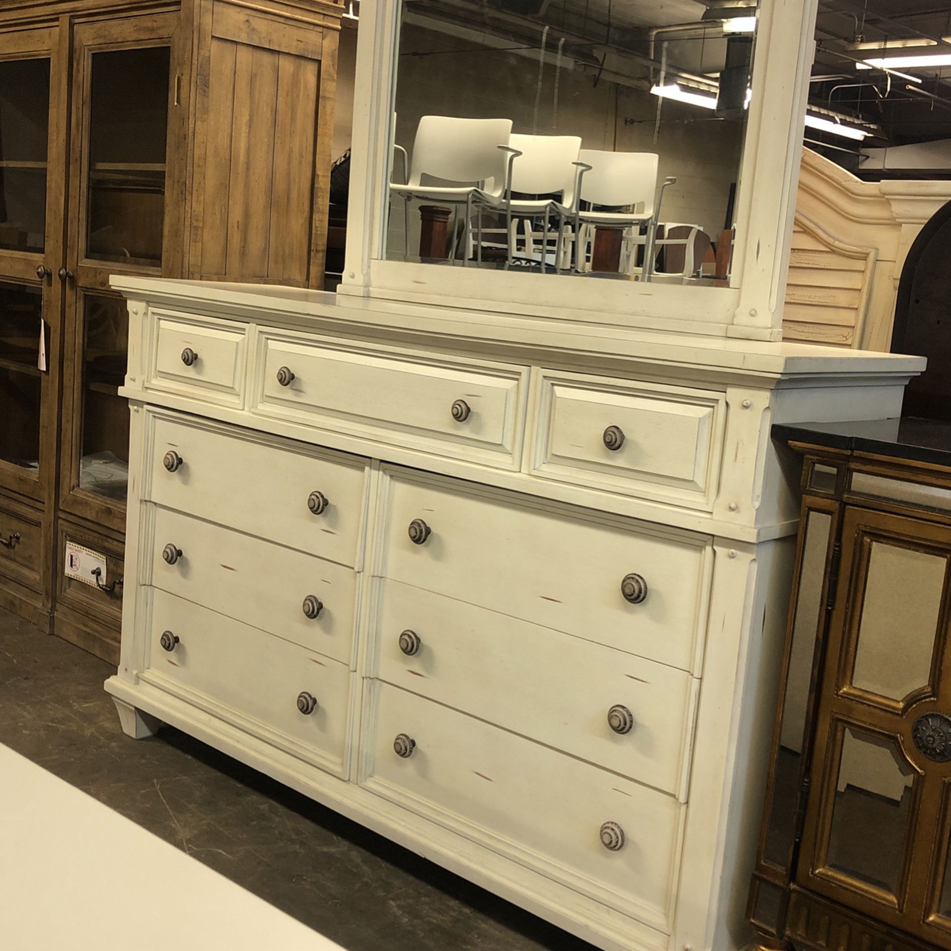  Queen size white headboard And dresser White distressed